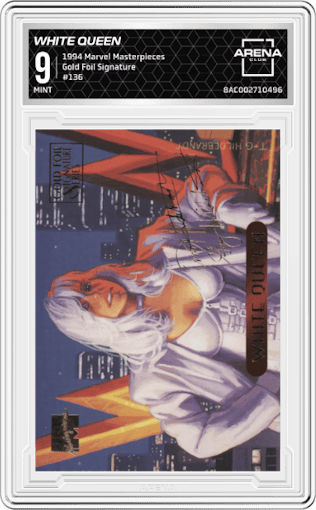 White Queen from the 1994 Fleer Marvel Masterpieces set featuring a Gold Foil Signature parallel graded by Arena Club and given an overall grade of 9.