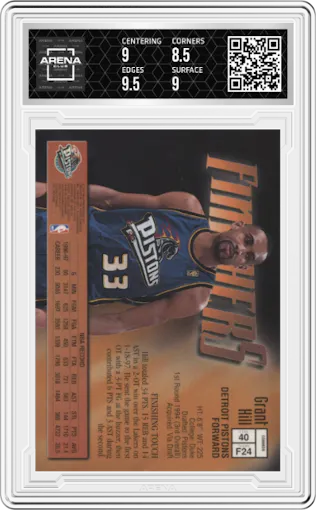 Grant Hill from the 1997-98 Topps Finest set featuring a W/ Coating parallel graded by Arena Club and given an overall grade of 9.