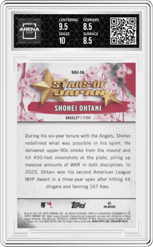 Shohei Ohtani from the 2025 Topps set graded by Arena Club and given an overall grade of 9.