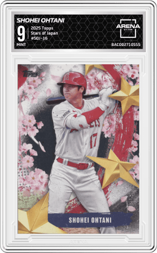 Shohei Ohtani from the 2025 Topps set graded by Arena Club and given an overall grade of 9.