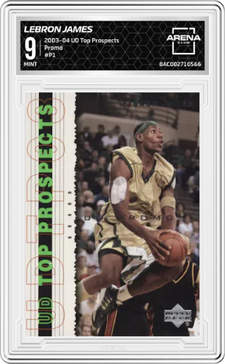 LeBron James from the 2003-04 Upper Deck Top Prospects  set graded by Arena Club and given an overall grade of 9.