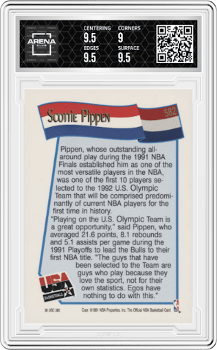 Scottie Pippen from the 1991-92 NBA Hoops set graded by Arena Club and given an overall grade of 9.5.