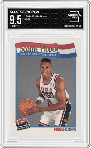 Scottie Pippen from the 1991-92 NBA Hoops set graded by Arena Club and given an overall grade of 9.5.