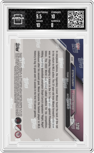 Steph Curry/Lionel Messi from the 2024 Topps Now MLS set graded by Arena Club and given an overall grade of 8.5.