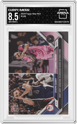 Steph Curry/Lionel Messi from the 2024 Topps Now MLS set graded by Arena Club and given an overall grade of 8.5.