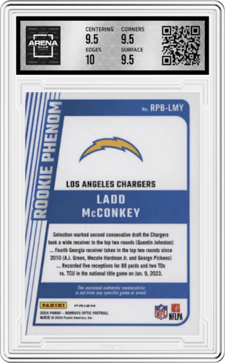 Ladd McConkey  from the 2024 Donruss Optic set featuring a Hyper Blue parallel graded by Arena Club and given an overall grade of 10.