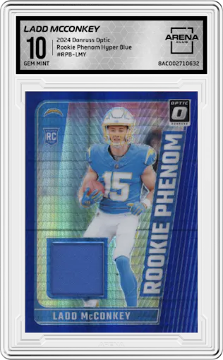 Ladd McConkey  from the 2024 Donruss Optic set featuring a Hyper Blue parallel graded by Arena Club and given an overall grade of 10.