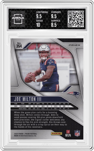 Joe Milton III from the 2024 Panini Prizm set featuring a Red White Blue Prizm parallel graded by Arena Club and given an overall grade of 9.