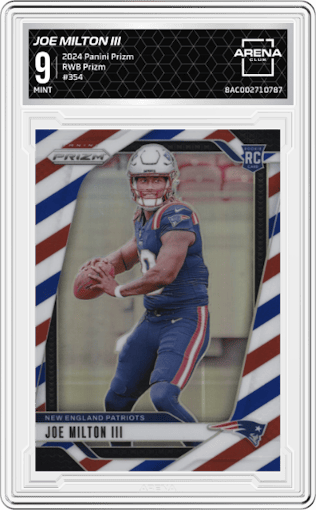 Joe Milton III from the 2024 Panini Prizm set featuring a Red White Blue Prizm parallel graded by Arena Club and given an overall grade of 9.