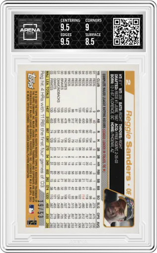 Reggie Sanders from the 2004 Topps set featuring a Black parallel graded by Arena Club and given an overall grade of 9.