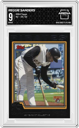 Reggie Sanders from the 2004 Topps set featuring a Black parallel graded by Arena Club and given an overall grade of 9.