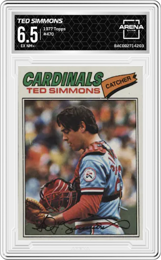 Ted Simmons from the 1977 Topps set graded by Arena Club and given an overall grade of 6.5.