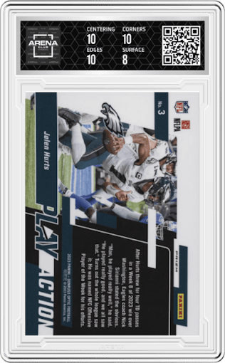 Jalen Hurts from the 2023 Donruss Optic set graded by Arena Club and given an overall grade of 8.5.