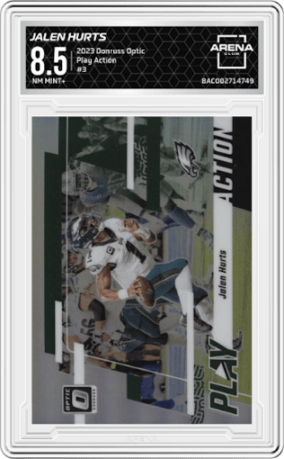 Jalen Hurts from the 2023 Donruss Optic set graded by Arena Club and given an overall grade of 8.5.