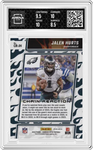 Jalen Hurts from the 2023 Donruss Optic set featuring a Silver Prizm parallel graded by Arena Club and given an overall grade of 9.