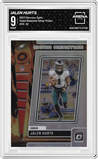 Jalen Hurts from the 2023 Donruss Optic set featuring a Silver Prizm parallel graded by Arena Club and given an overall grade of 9.