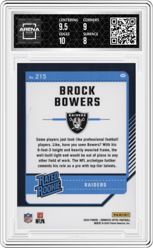 Brock Bowers from the 2024 Donruss Optic set graded by Arena Club and given an overall grade of 8.5.