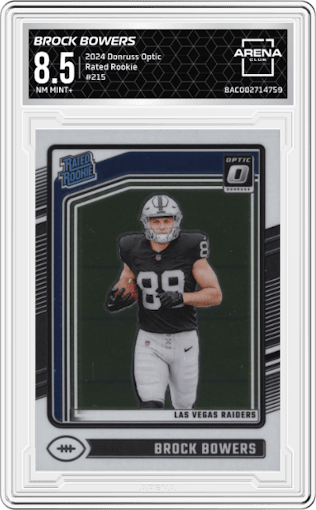 Brock Bowers from the 2024 Donruss Optic set graded by Arena Club and given an overall grade of 8.5.