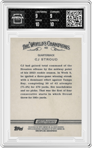 CJ Stroud from the 2023 Topps Composite set graded by Arena Club and given an overall grade of 9.5.