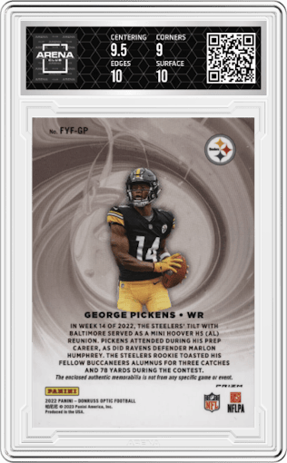 George Pickens from the 2022 Panini Donruss Optic set featuring a Blue Hyper parallel graded by Arena Club and given an overall grade of 9.5.