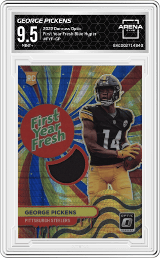 George Pickens from the 2022 Panini Donruss Optic set featuring a Blue Hyper parallel graded by Arena Club and given an overall grade of 9.5.