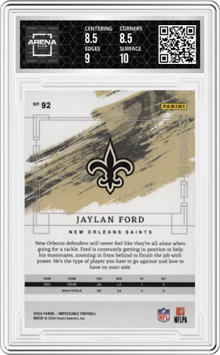 Jaylan Ford from the 2024 Panini Impeccable set featuring a Silver parallel graded by Arena Club and given an overall grade of 9.