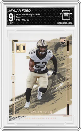 Jaylan Ford from the 2024 Panini Impeccable set featuring a Silver parallel graded by Arena Club and given an overall grade of 9.