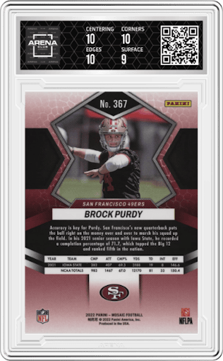 Brock Purdy from the 2022 Panini Mosaic set graded by Arena Club and given an overall grade of 9.5.