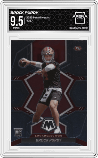 Brock Purdy from the 2022 Panini Mosaic set graded by Arena Club and given an overall grade of 9.5.