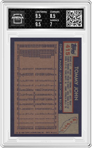 Tommy John from the 1984 Topps set graded by Arena Club and given an overall grade of 7.5.