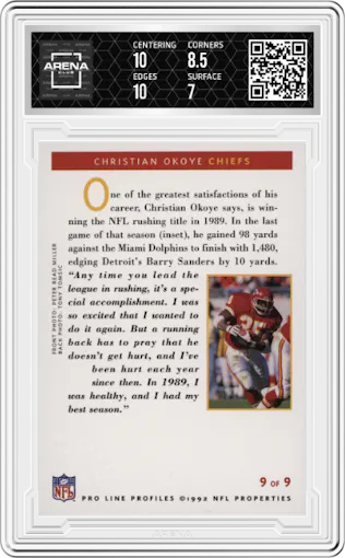 Christian Okoye  from the 1992 Pro Line Profiles set graded by Arena Club and given an overall grade of 7.5.