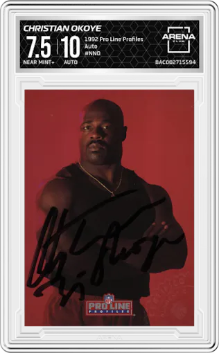 Christian Okoye  from the 1992 Pro Line Profiles set graded by Arena Club and given an overall grade of 7.5.