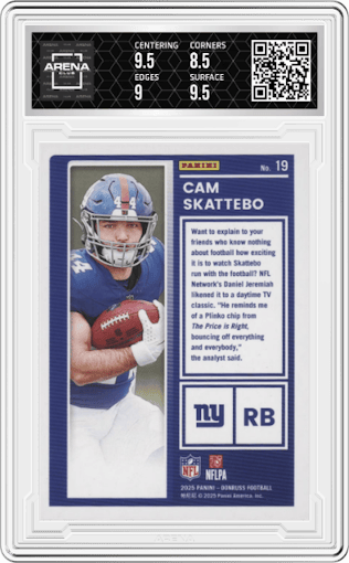 Cam Skattebo from the 2025 Panini Donruss set graded by Arena Club and given an overall grade of 9.