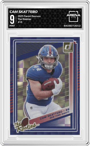 Cam Skattebo from the 2025 Panini Donruss set graded by Arena Club and given an overall grade of 9.