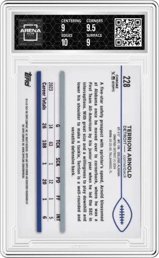 Terrion Arnold from the 2024 Topps Chrome set graded by Arena Club and given an overall grade of 9.5.