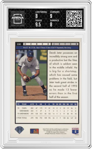 Derek Jeter from the 1994 Upper Deck set featuring a Electric Diamond parallel graded by Arena Club and given an overall grade of 8.5.