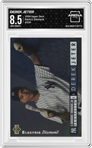 Derek Jeter from the 1994 Upper Deck set featuring a Electric Diamond parallel graded by Arena Club and given an overall grade of 8.5.