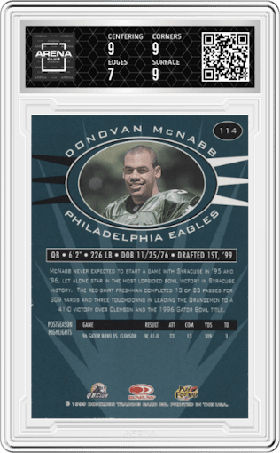 Donovan McNabb from the 1999 Donruss Preferred QBC set graded by Arena Club and given an overall grade of 7.5.
