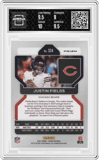 Justin Fields from the 2021 Panini Prizm set featuring a  Neon Green Pulsar parallel graded by Arena Club and given an overall grade of 9.5.