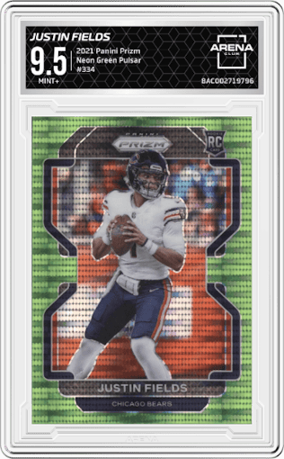 Justin Fields from the 2021 Panini Prizm set featuring a  Neon Green Pulsar parallel graded by Arena Club and given an overall grade of 9.5.