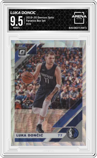 Luka Doncic from the 2019-20 Panini Donruss Optic set featuring a Fanatics Box Set parallel graded by Arena Club and given an overall grade of 9.5.