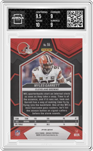 Myles Garrett from the 2024 Panini Mosaic set featuring a Pink Camo parallel graded by Arena Club and given an overall grade of 9.5.