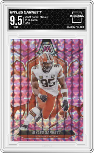 Myles Garrett from the 2024 Panini Mosaic set featuring a Pink Camo parallel graded by Arena Club and given an overall grade of 9.5.