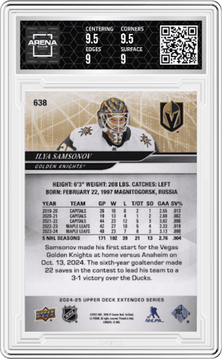 Ilya Samsonov  from the 2024-25 Upper Deck Extended Series set graded by Arena Club and given an overall grade of 9.5.