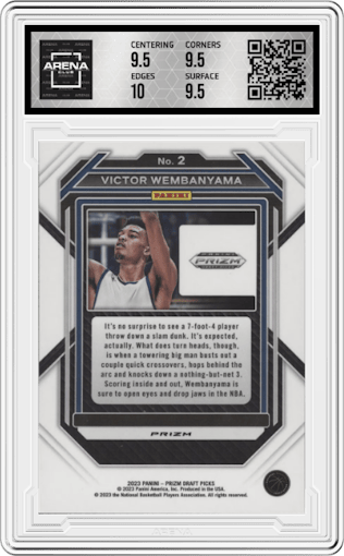Victor Wembanyama from the 2023-24 Panini Prizm Draft Picks set featuring a Red Ice parallel graded by Arena Club and given an overall grade of 10.