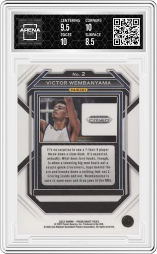 Victor Wembanyama from the 2023-24 Panini Prizm Draft Picks set graded by Arena Club and given an overall grade of 9.