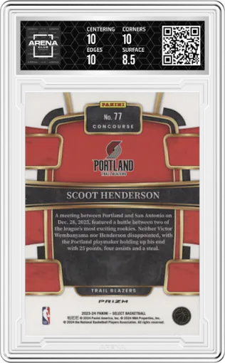 Scoot Henderson from the 2023-24 Panini Select  set featuring a Tectonic parallel graded by Arena Club and given an overall grade of 9.