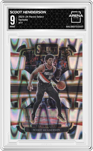 Scoot Henderson from the 2023-24 Panini Select  set featuring a Tectonic parallel graded by Arena Club and given an overall grade of 9.
