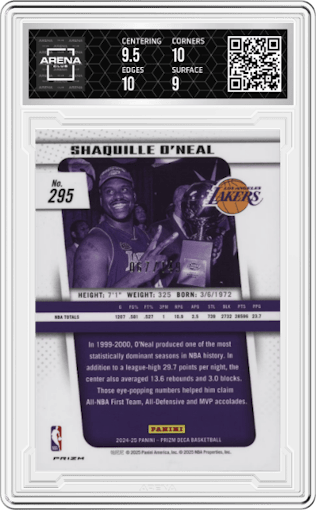 Shaquille O'neal from the 2024-25 Panini Prizm Deca set featuring a Blue Prizm parallel graded by Arena Club and given an overall grade of 9.5.