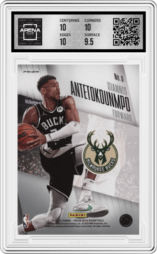 Giannis Antetokounmpo  from the 2024-25 Panini Prizm Deca set featuring a Silver Prizm parallel graded by Arena Club and given an overall grade of 10.